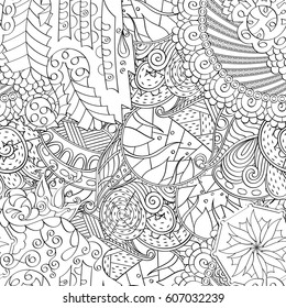 Tracery seamless calming pattern. Mehndi design. Ethnic monochrome binary doodle texture. Curved doodling black and white background. Vector.