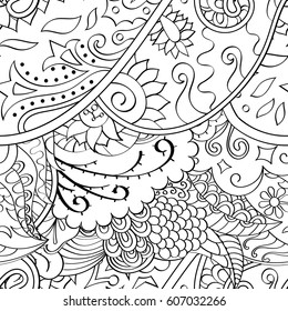 Tracery seamless calming pattern. Mehndi design. Ethnic monochrome binary doodle texture. Curved doodling black and white background. Vector.