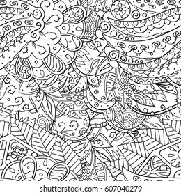 Tracery seamless calming pattern. Mehndi design. Ethnic monochrome binary doodle texture. Curved doodling black and white background. Vector.