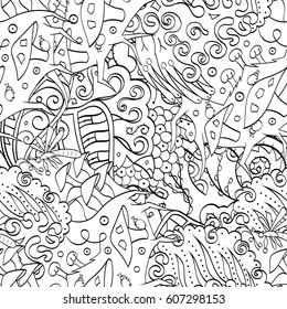 Tracery seamless calming pattern. Mehndi design. Ethnic monochrome binary doodle texture. Curved doodling black and white background. Vector.
