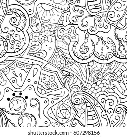 Tracery seamless calming pattern. Mehndi design. Ethnic monochrome binary doodle texture. Curved doodling black and white background. Vector.