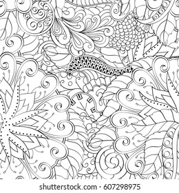 Tracery seamless calming pattern. Mehndi design. Ethnic monochrome binary doodle texture. Curved doodling black and white background. Vector.