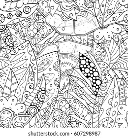 Tracery seamless calming pattern. Mehndi design. Ethnic monochrome binary doodle texture. Curved doodling black and white background. Vector.