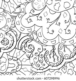 Tracery seamless calming pattern. Mehndi design. Ethnic monochrome binary doodle texture. Curved doodling black and white background. Vector.