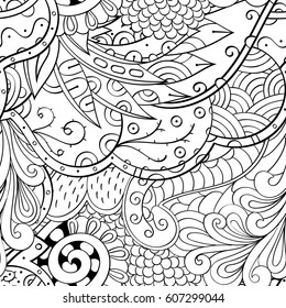 Tracery seamless calming pattern. Mehndi design. Ethnic monochrome binary doodle texture. Curved doodling black and white background. Vector.