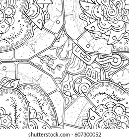 Tracery seamless calming pattern. Mehndi design. Ethnic monochrome binary doodle texture. Curved doodling black and white background. Vector.