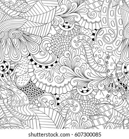 Tracery seamless calming pattern. Mehndi design. Ethnic monochrome binary doodle texture. Curved doodling black and white background. Vector.