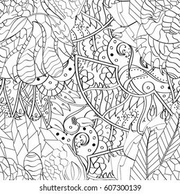 Tracery seamless calming pattern. Mehndi design. Ethnic monochrome binary doodle texture. Curved doodling black and white background. Vector.