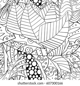 Tracery seamless calming pattern. Mehndi design. Ethnic monochrome binary doodle texture. Curved doodling black and white background. Vector.