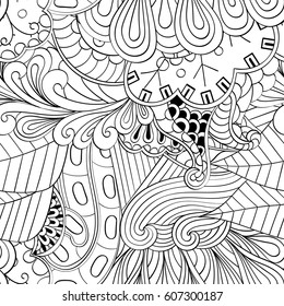 Tracery seamless calming pattern. Mehndi design. Ethnic monochrome binary doodle texture. Curved doodling black and white background. Vector.