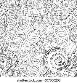 Tracery seamless calming pattern. Mehndi design. Ethnic monochrome binary doodle texture. Curved doodling black and white background. Vector.