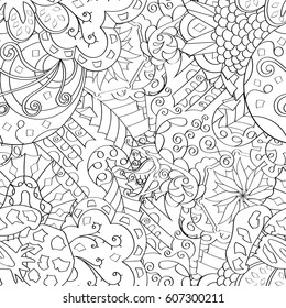 Tracery seamless calming pattern. Mehndi design. Ethnic monochrome binary doodle texture. Curved doodling black and white background. Vector.