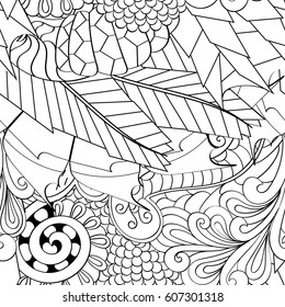Tracery seamless calming pattern. Mehndi design. Ethnic monochrome binary doodle texture. Curved doodling black and white background. Vector.