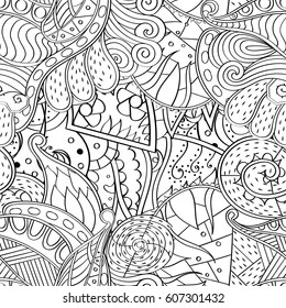 Tracery seamless calming pattern. Mehndi design. Ethnic monochrome binary doodle texture. Curved doodling black and white background. Vector.