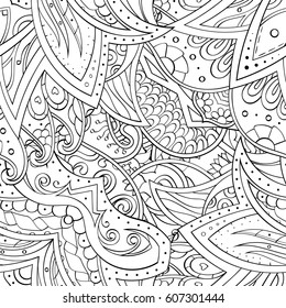 Tracery seamless calming pattern. Mehndi design. Ethnic monochrome binary doodle texture. Curved doodling black and white background. Vector.