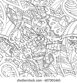 Tracery seamless calming pattern. Mehndi design. Ethnic monochrome binary doodle texture. Curved doodling black and white background. Vector.