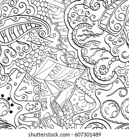 Tracery seamless calming pattern. Mehndi design. Ethnic monochrome binary doodle texture. Curved doodling black and white background. Vector.