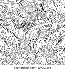 Tracery seamless calming pattern. Mehndi design. Ethnic monochrome binary doodle texture. Curved doodling black and white background. Vector.
