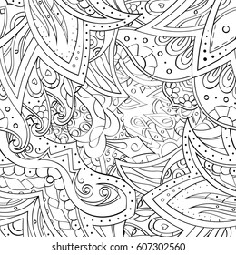 Tracery seamless calming pattern. Mehndi design. Ethnic monochrome binary doodle texture. Curved doodling black and white background. Vector.