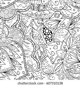 Tracery seamless calming pattern. Mehndi design. Ethnic monochrome binary doodle texture. Curved doodling black and white background. Vector.