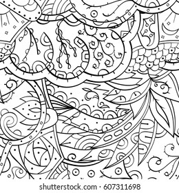 Tracery seamless calming pattern. Mehndi design. Ethnic monochrome binary doodle texture. Curved doodling black and white background. Vector.