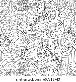 Tracery seamless calming pattern. Mehndi design. Ethnic monochrome binary doodle texture. Curved doodling black and white background. Vector.