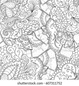 Tracery seamless calming pattern. Mehndi design. Ethnic monochrome binary doodle texture. Curved doodling black and white background. Vector.