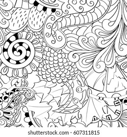 Tracery seamless calming pattern. Mehndi design. Ethnic monochrome binary doodle texture. Curved doodling black and white background. Vector.