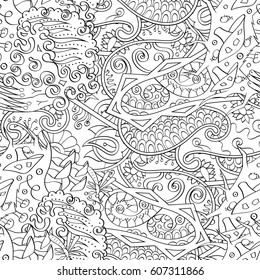 Tracery seamless calming pattern. Mehndi design. Ethnic monochrome binary doodle texture. Curved doodling black and white background. Vector.
