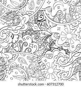 Tracery seamless calming pattern. Mehndi design. Ethnic monochrome binary doodle texture. Curved doodling black and white background. Vector.
