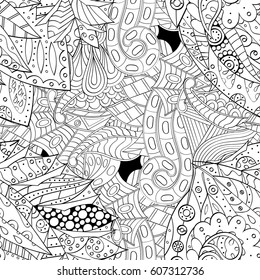 Tracery seamless calming pattern. Mehndi design. Ethnic monochrome binary doodle texture. Curved doodling black and white background. Vector.