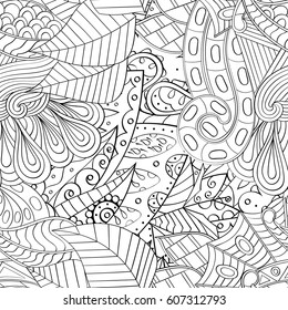 Tracery seamless calming pattern. Mehndi design. Ethnic monochrome binary doodle texture. Curved doodling black and white background. Vector.