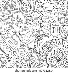 Tracery seamless calming pattern. Mehndi design. Ethnic monochrome binary doodle texture. Curved doodling black and white background. Vector.