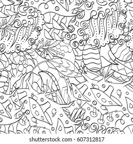 Tracery seamless calming pattern. Mehndi design. Ethnic monochrome binary doodle texture. Curved doodling black and white background. Vector.