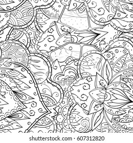 Tracery seamless calming pattern. Mehndi design. Ethnic monochrome binary doodle texture. Curved doodling black and white background. Vector.