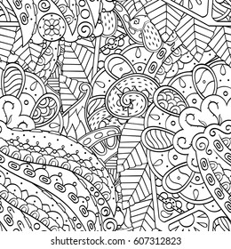 Tracery seamless calming pattern. Mehndi design. Ethnic monochrome binary doodle texture. Curved doodling black and white background. Vector.