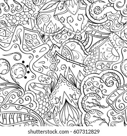 Tracery seamless calming pattern. Mehndi design. Ethnic monochrome binary doodle texture. Curved doodling black and white background. Vector.