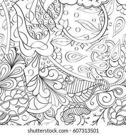 Tracery seamless calming pattern. Mehndi design. Ethnic monochrome binary doodle texture. Curved doodling black and white background. Vector.