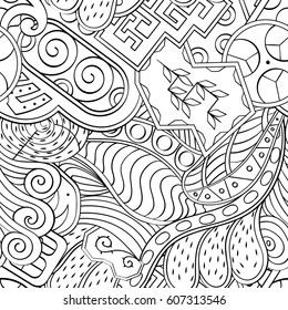 Tracery seamless calming pattern. Mehndi design. Ethnic monochrome binary doodle texture. Curved doodling black and white background. Vector.