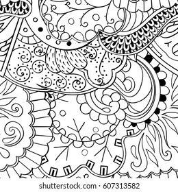 Tracery seamless calming pattern. Mehndi design. Ethnic monochrome binary doodle texture. Curved doodling black and white background. Vector.