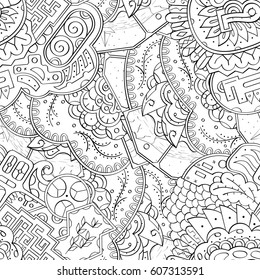 Tracery seamless calming pattern. Mehndi design. Ethnic monochrome binary doodle texture. Curved doodling black and white background. Vector.