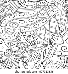 Tracery seamless calming pattern. Mehndi design. Ethnic monochrome binary doodle texture. Curved doodling black and white background. Vector.