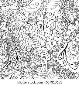 Tracery seamless calming pattern. Mehndi design. Ethnic monochrome binary doodle texture. Curved doodling black and white background. Vector.