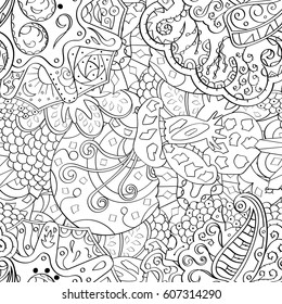 Tracery seamless calming pattern. Mehndi design. Ethnic monochrome binary doodle texture. Curved doodling black and white background. Vector.