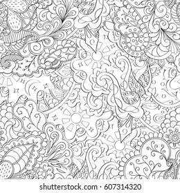 Tracery seamless calming pattern. Mehndi design. Ethnic monochrome binary doodle texture. Curved doodling black and white background. Vector.