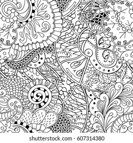 Tracery seamless calming pattern. Mehndi design. Ethnic monochrome binary doodle texture. Curved doodling black and white background. Vector.