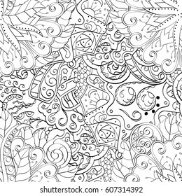Tracery seamless calming pattern. Mehndi design. Ethnic monochrome binary doodle texture. Curved doodling black and white background. Vector.
