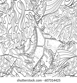 Tracery seamless calming pattern. Mehndi design. Ethnic monochrome binary doodle texture. Curved doodling black and white background. Vector.