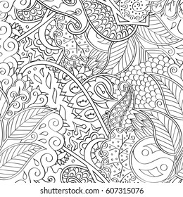 Tracery seamless calming pattern. Mehndi design. Ethnic monochrome binary doodle texture. Curved doodling black and white background. Vector.