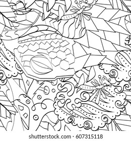 Tracery seamless calming pattern. Mehndi design. Ethnic monochrome binary doodle texture. Curved doodling black and white background. Vector.